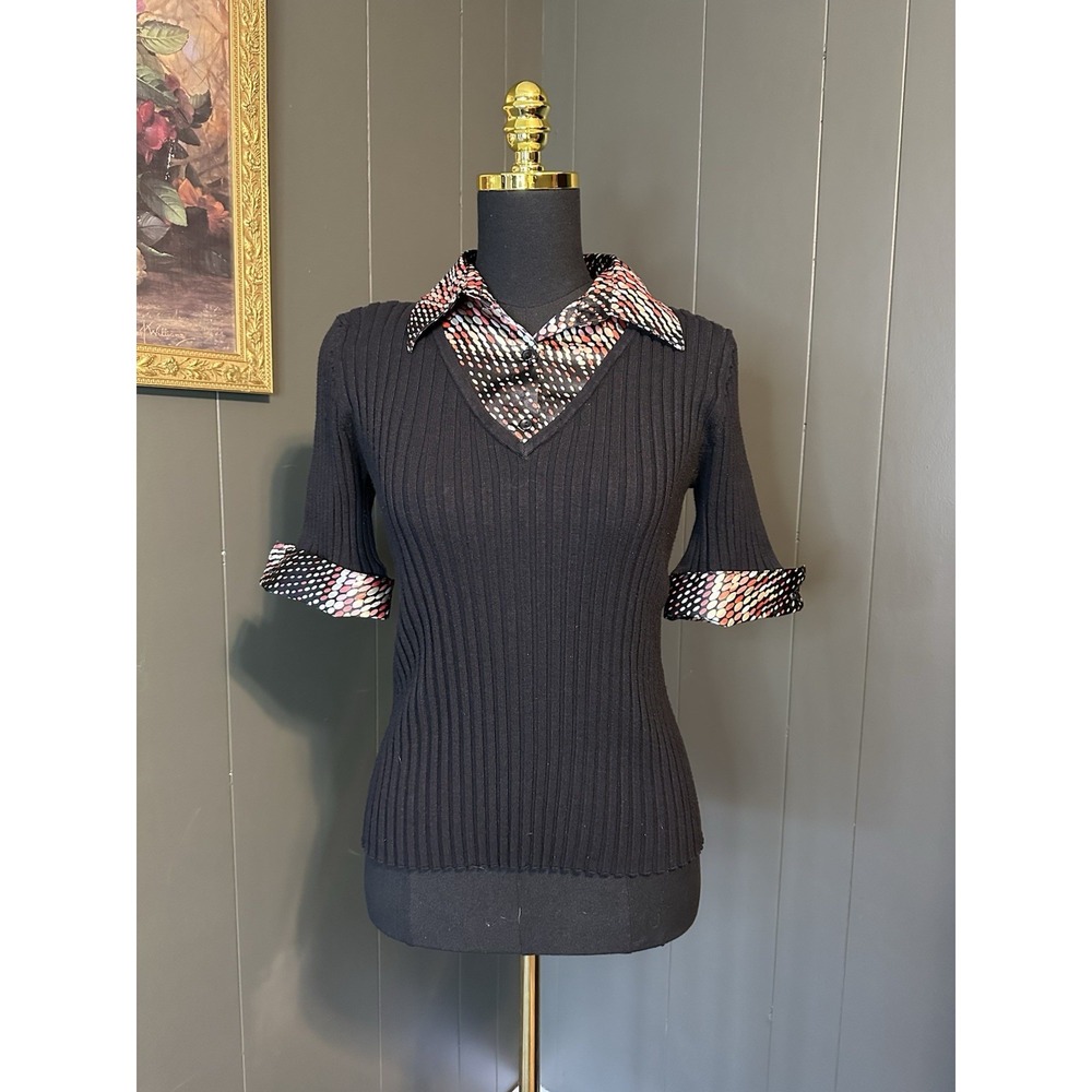 Studio 1940 Vintage Black Ribbed Polo M Medium Stretchy 90s Y2K‎